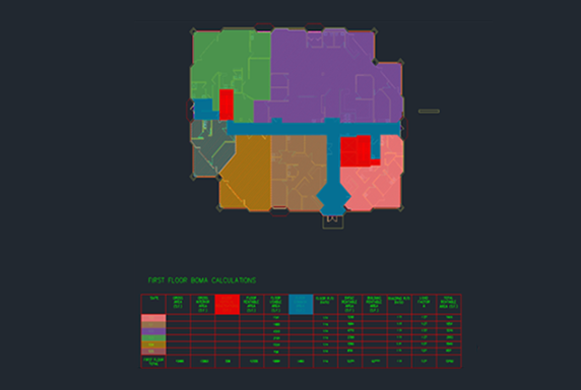 Color-coded digital floor plan showing BOMA area calculations for a building’s first floor.