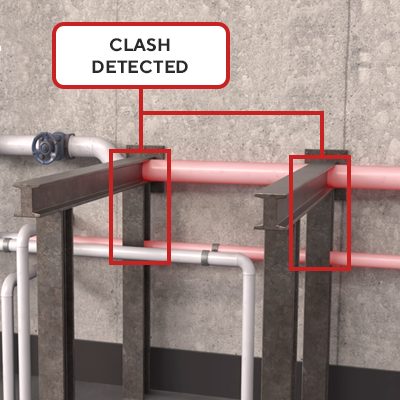 3D model showing a pipe intersecting with a steel beam labeled “Clash Detected.”