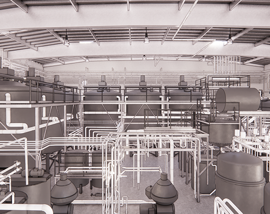 3D BIM model of an industrial facility showing complex piping and tank systems inside a large warehouse.