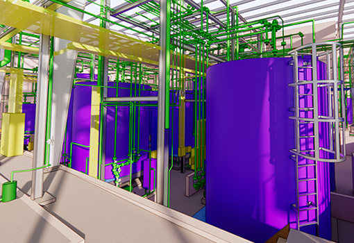 3D BIM model showing mechanical piping and large process tanks in a semiconductor facility.