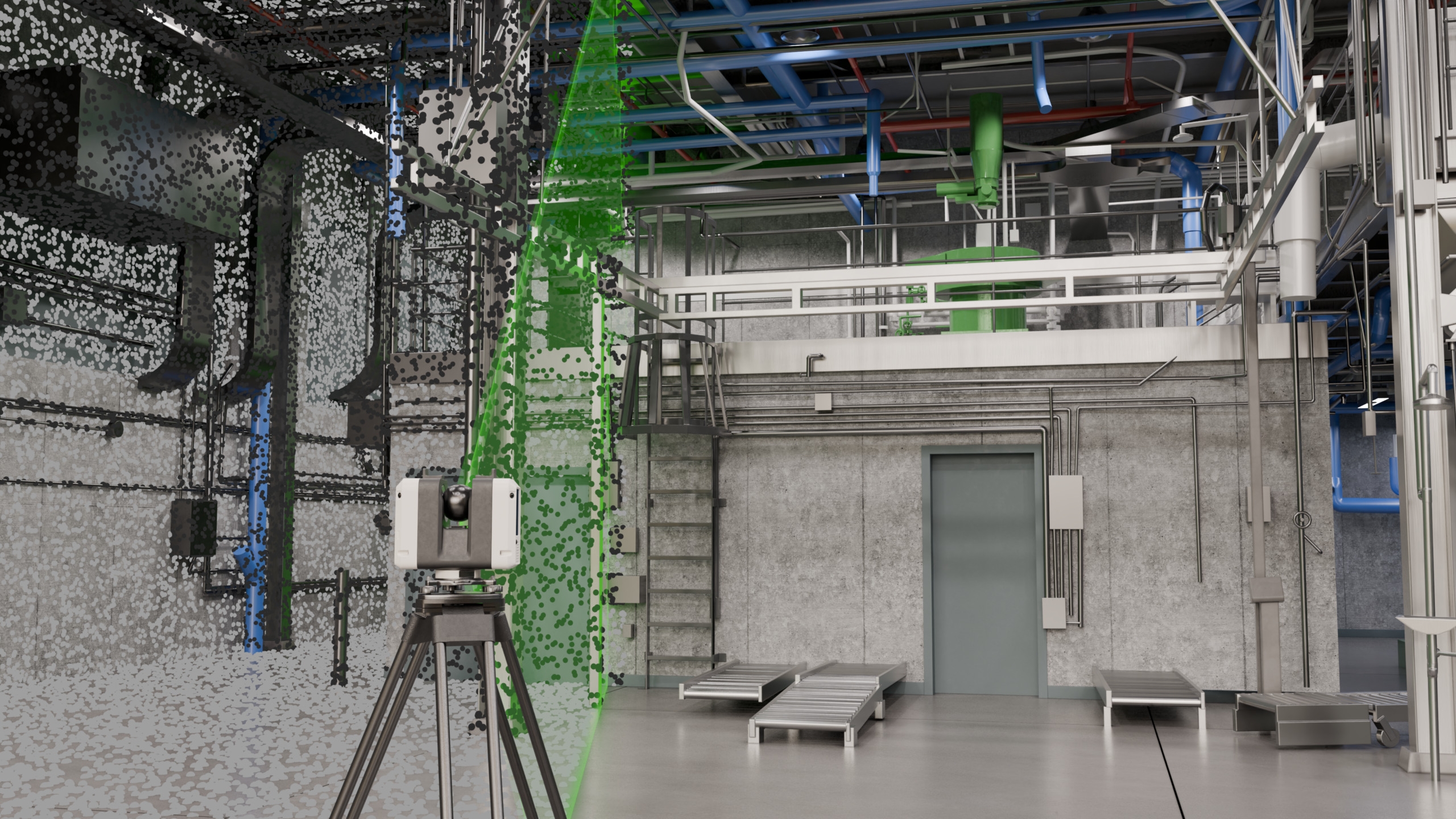 3D laser scanner capturing point cloud data inside an industrial mechanical room with exposed piping and structural systems.