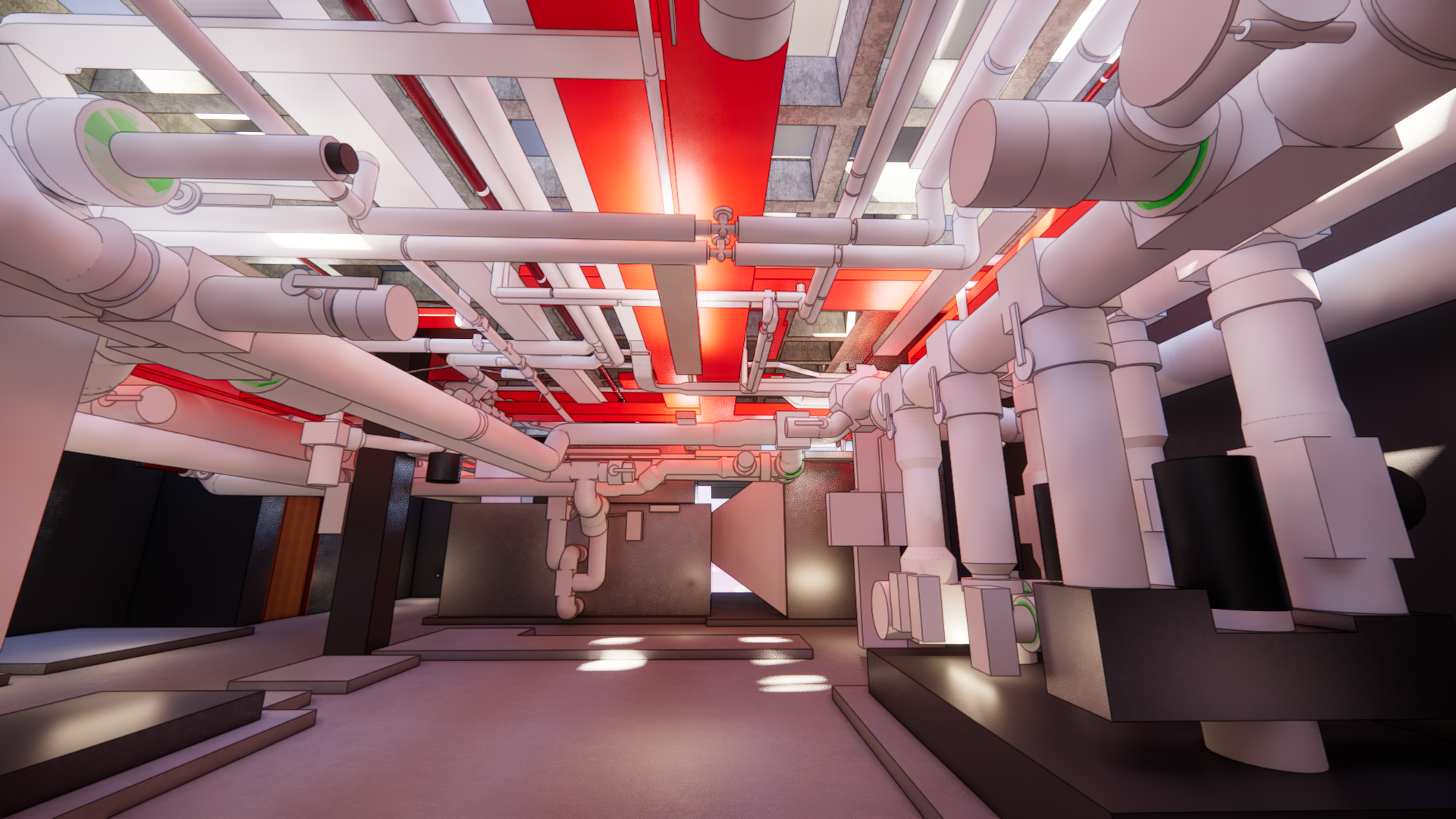 Revit model of semiconductor facility interior showing coordinated MEP piping systems and overhead infrastructure