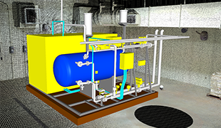 Proposed equipment installation model overlaid on a laser-scanned point cloud to verify fit and constructability within an existing facility.