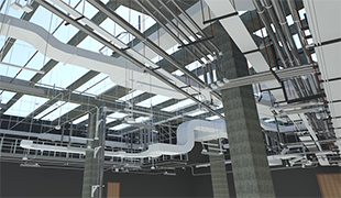 Coordinated BIM model showing HVAC ductwork, piping, conduit, and structural elements within an interstitial building space.