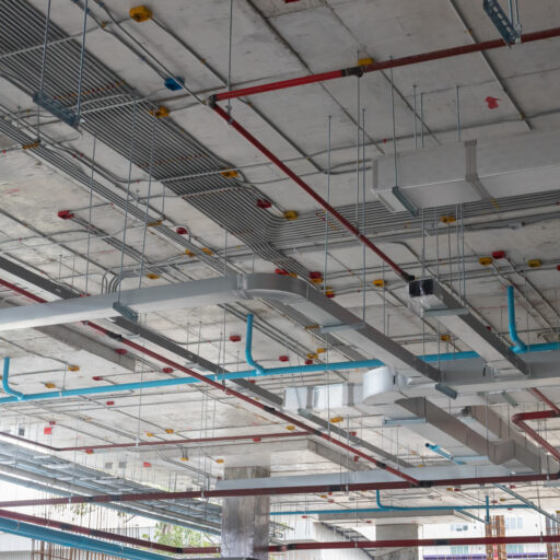 Installed MEP systems in a commercial building showing overhead ductwork, piping, and cable tray coordination
