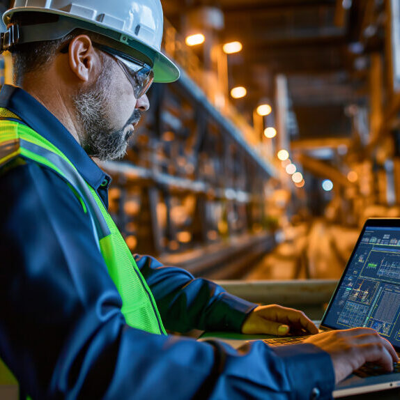 Individual wearing safety gear uses a laptop to monitor data and control machinery in a factory setting.